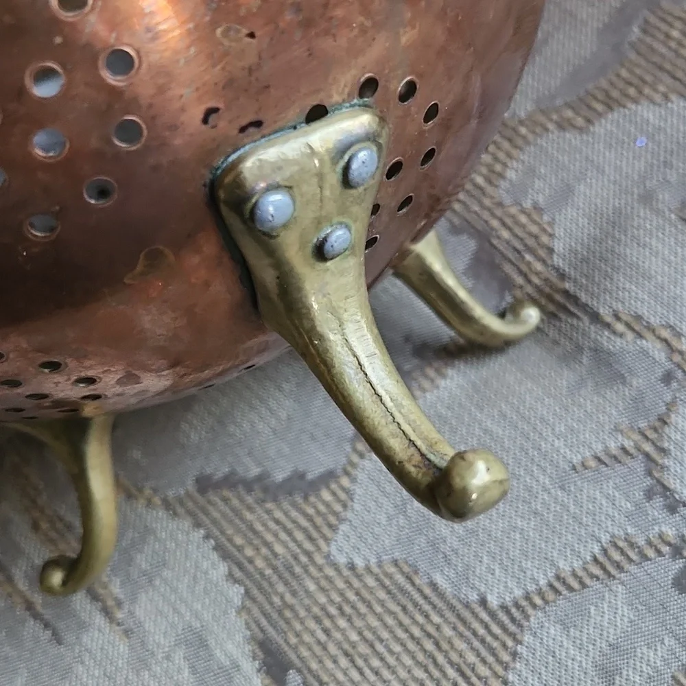 Antique copper colander with Brass Feet & Handles